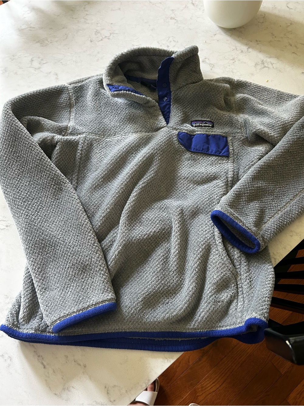 Patagonia women’s Gray Fleece Zip Pullover with Blue Trim
